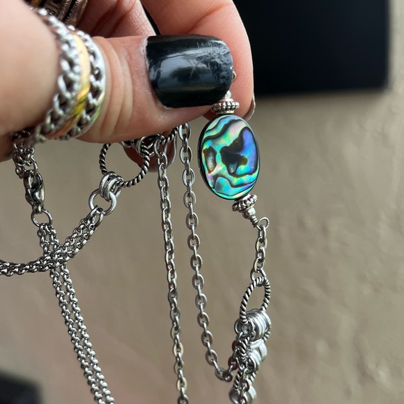 Handmade maille choker necklace iridescent blue green abalone shell charm boho - Picture 5 of 12